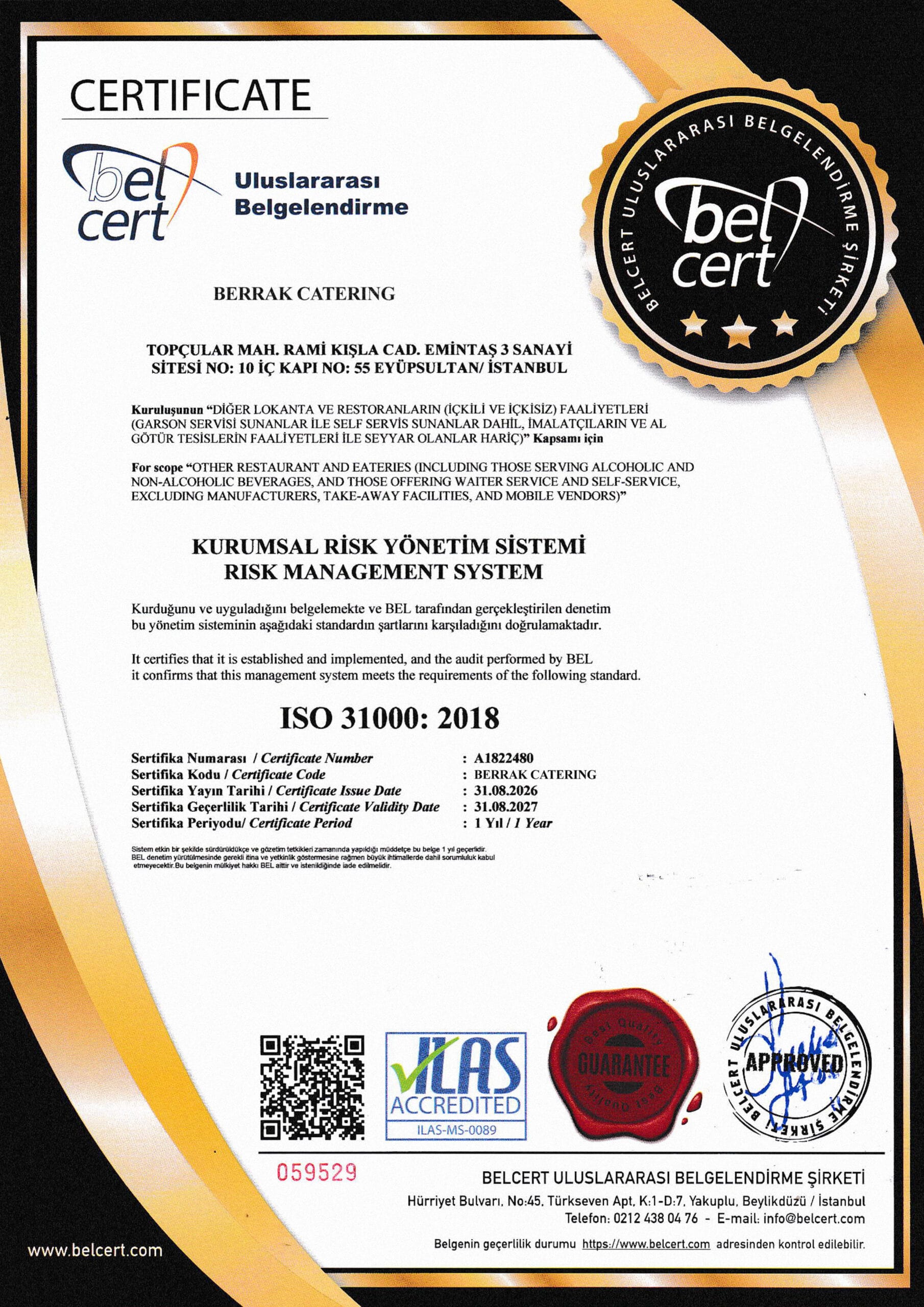 Berrak Catering ISO 31000:2018 Kurumsal Risk Yönetim Sistemi sertifikası