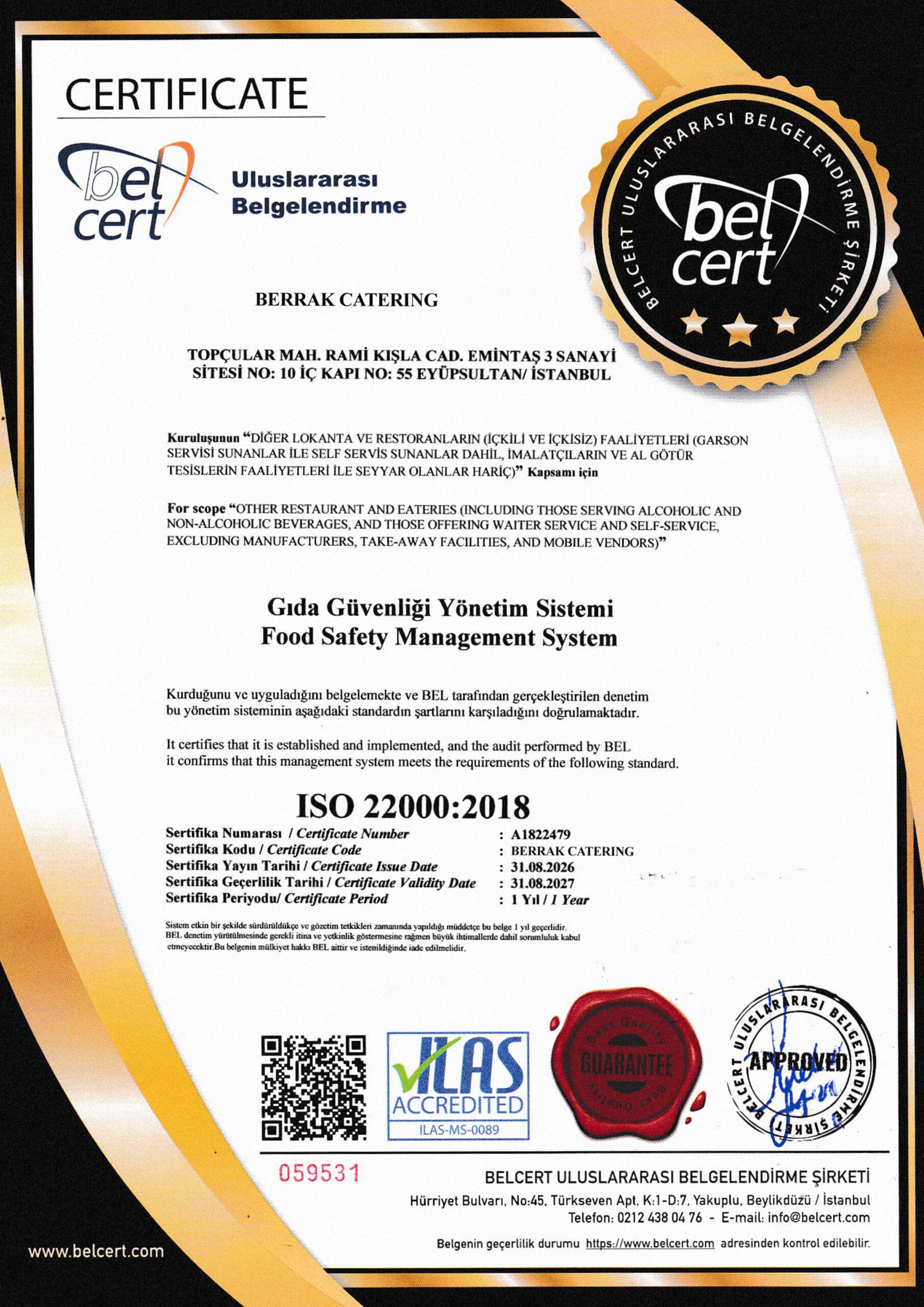 Berrak Catering ISO 22000:2018 Gıda Güvenliği Yönetim Sistemi sertifikası
