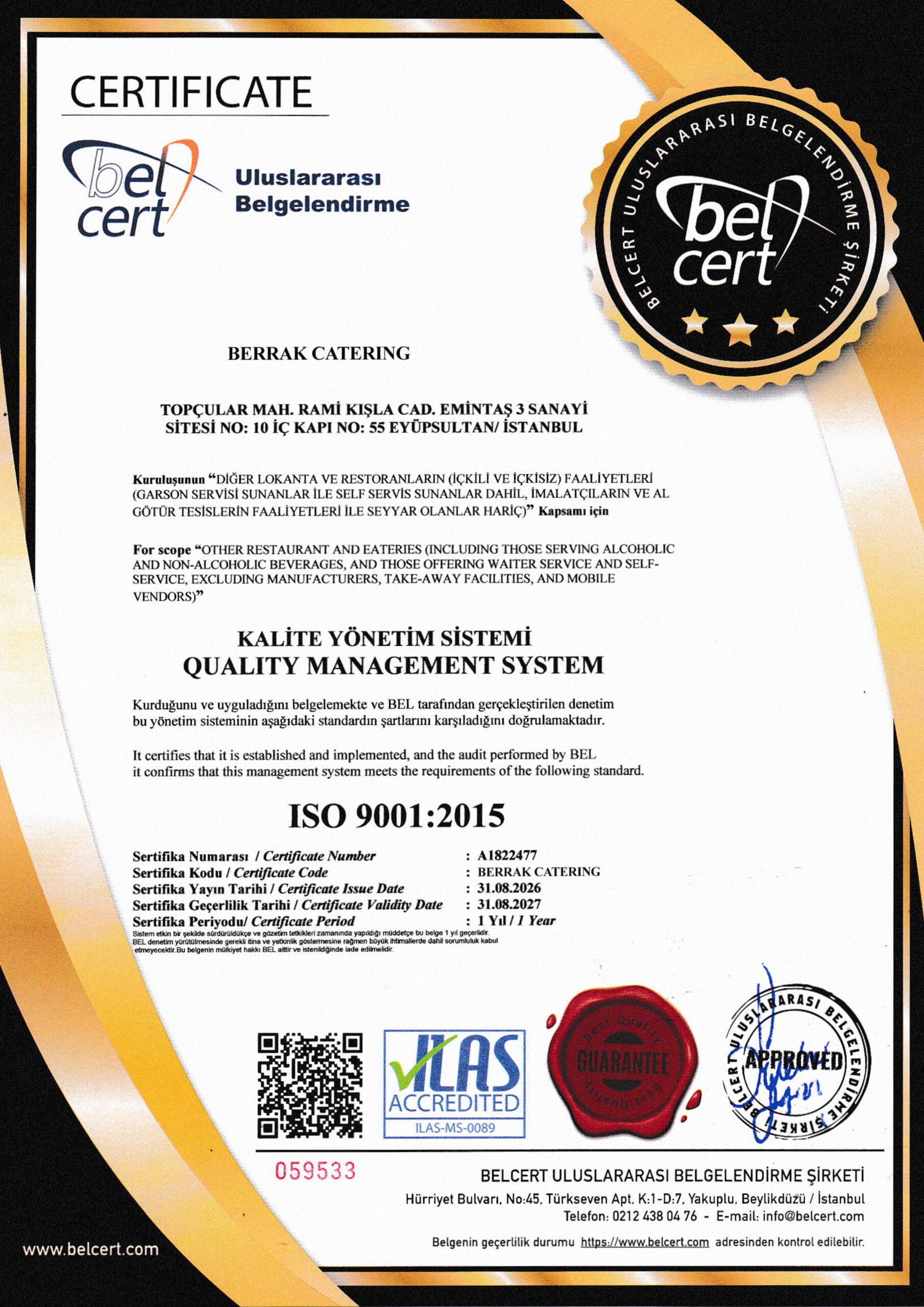 Berrak Catering ISO 9001:2015 Kalite Yönetim Sistemi sertifikası